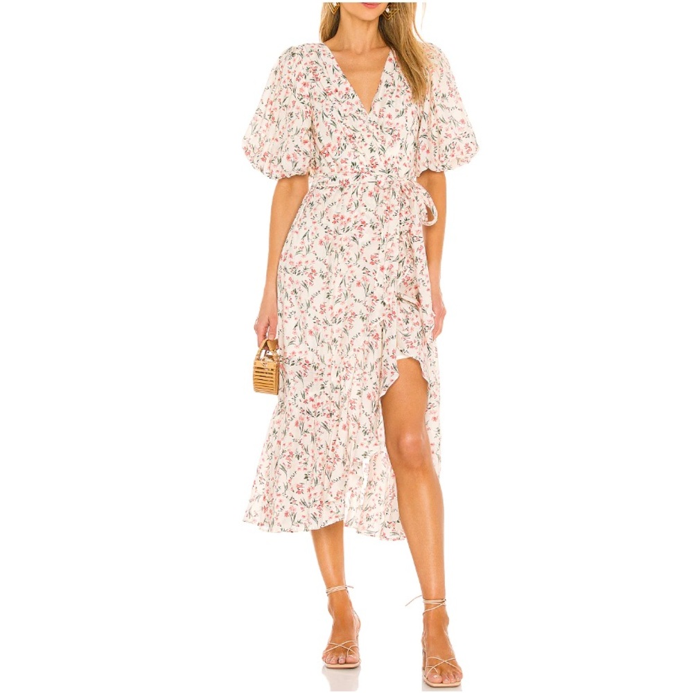 MINKPINK Cream Floral Wrap Midi Dress with Pink & Green Accents